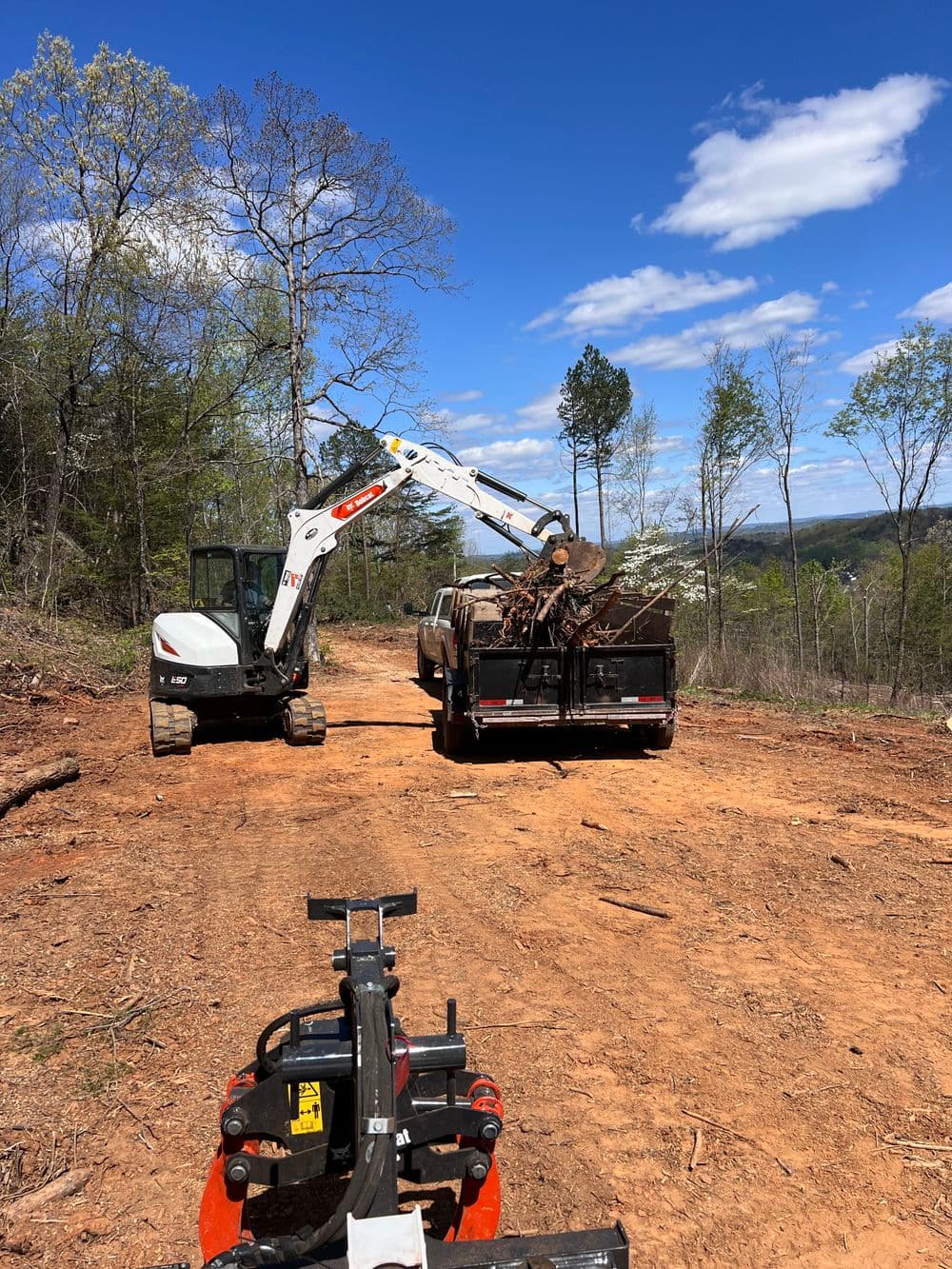 Bobcat loading logs onto a truck on a clear day in a forested area.