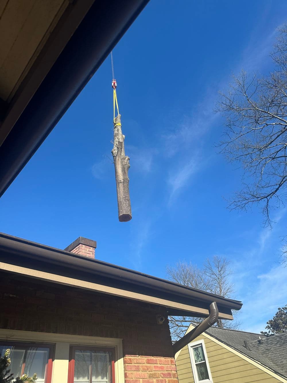 Log suspended from a crane above a house against a blue sky, highlighting tree removal.