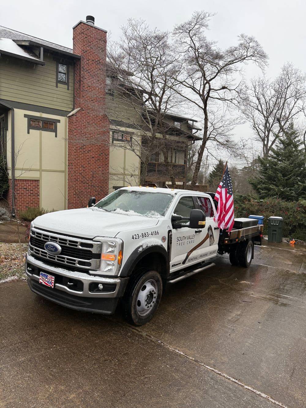 Ford truck with South Valley Tree Care branding and an American flag, parked in winter landscape.