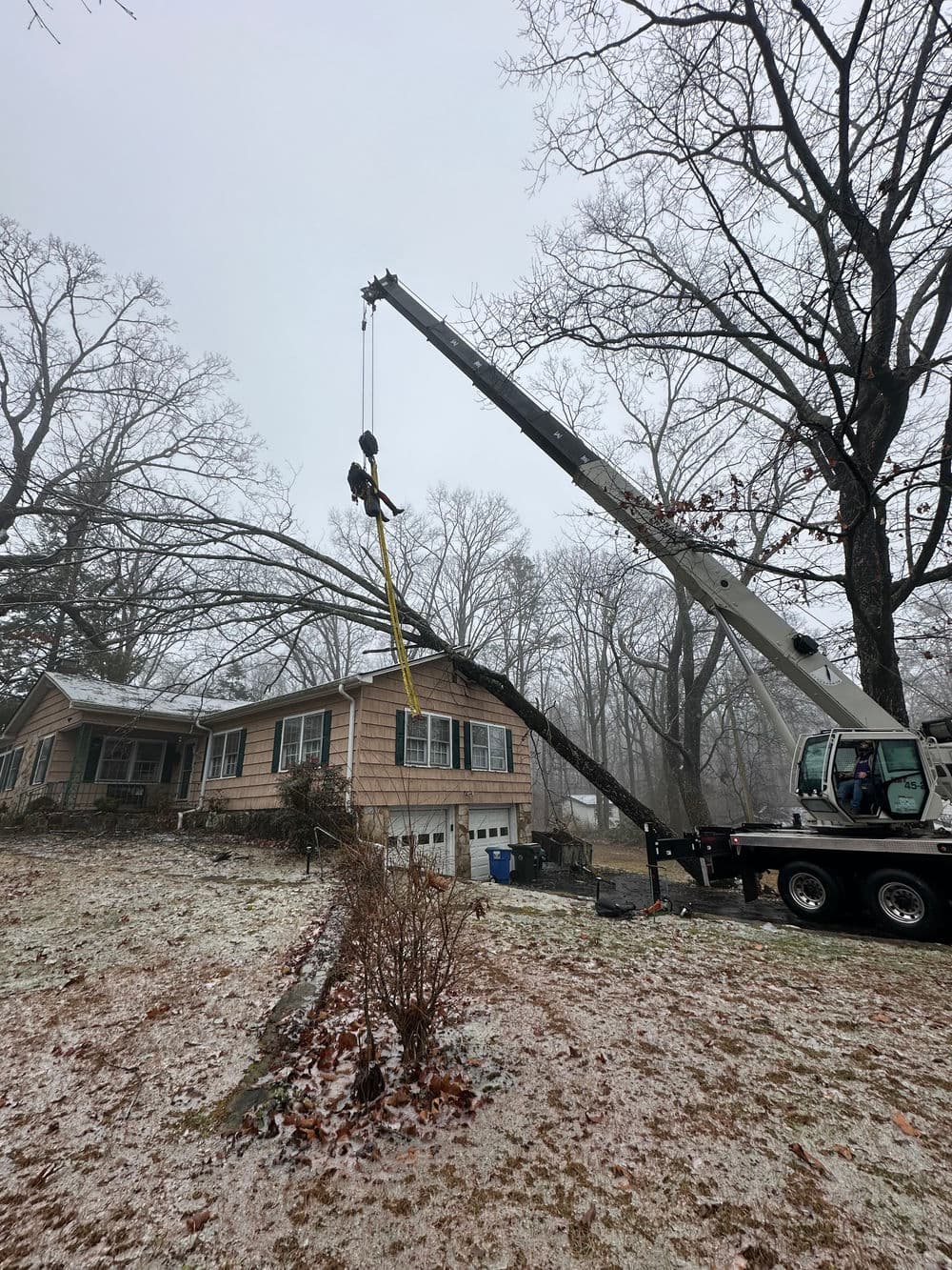 Tree removal crane operation near a residential home in winter weather conditions.